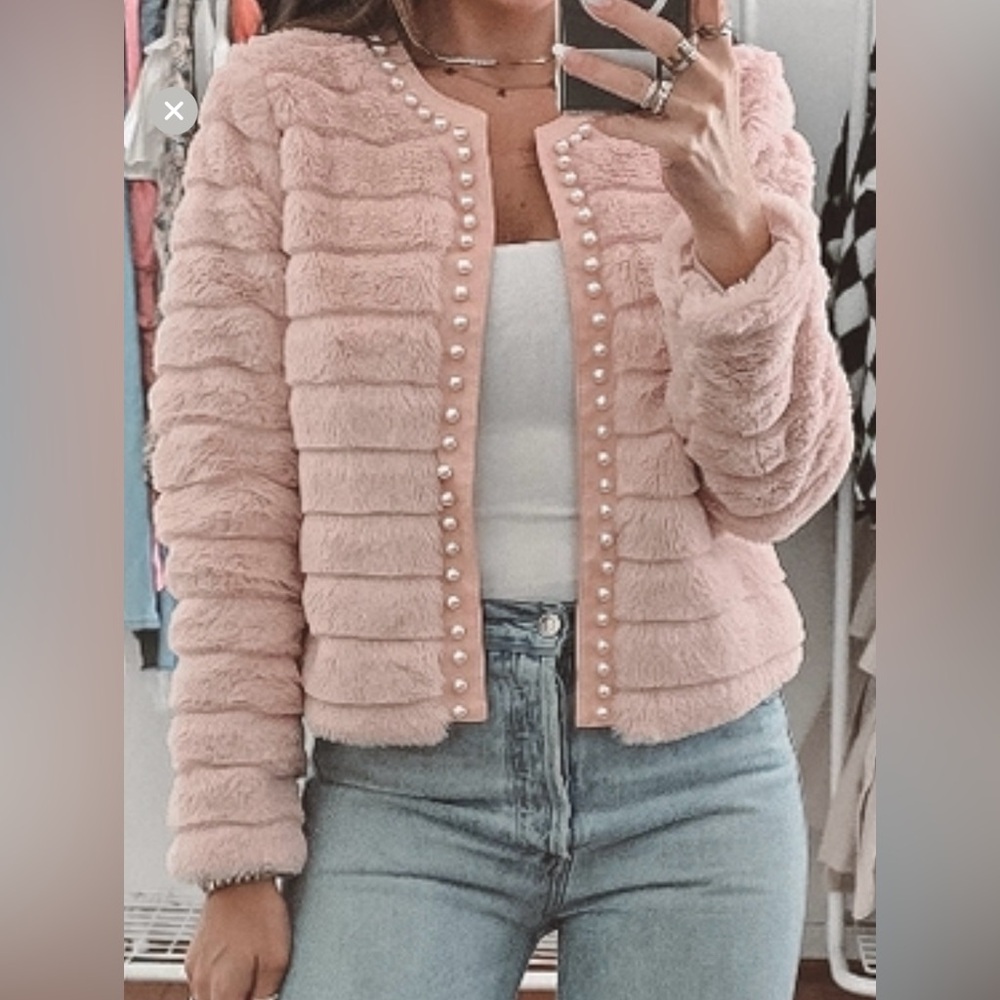 Faux Fur Pearl Beaded Pink Coat NWOT